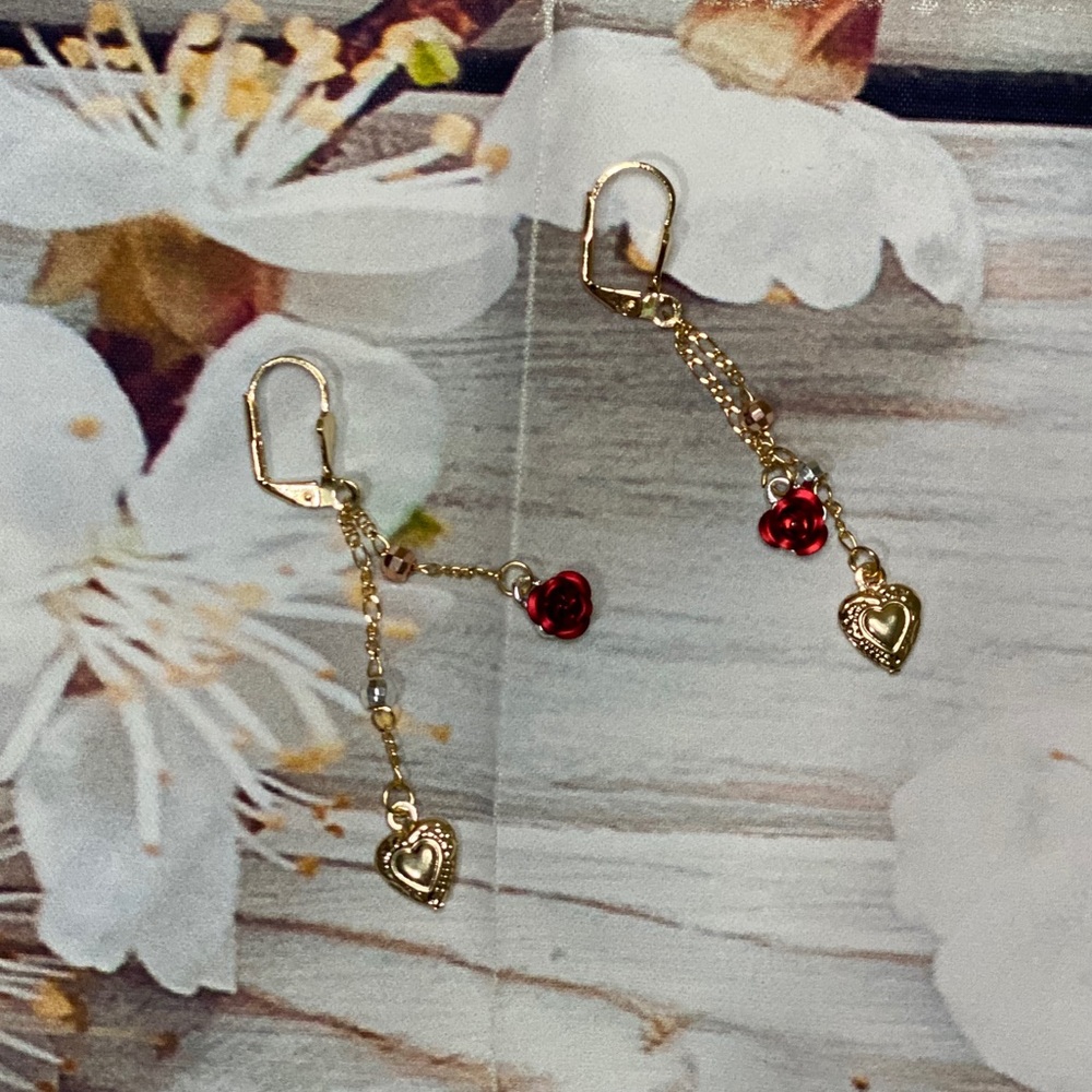 Heart With Rose Flower Earrings